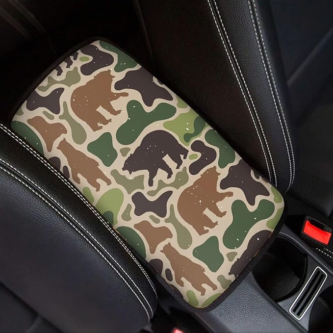 Dreaweet Bear Hunting Camo Arm Rest Cover for Car Soft Anti Slip Armrest Cover Center Console Cushion Pad Camouflage Car Accessories Universal Fit Most Cars SUV Sedan