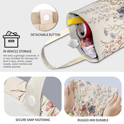 Cute Car Trash Can, Hanging Canvas Car Back Seat Organizer and Storage Bag, Funny Car Trash Bag For Travelling, Outdoor Cute Watercolor Floral
