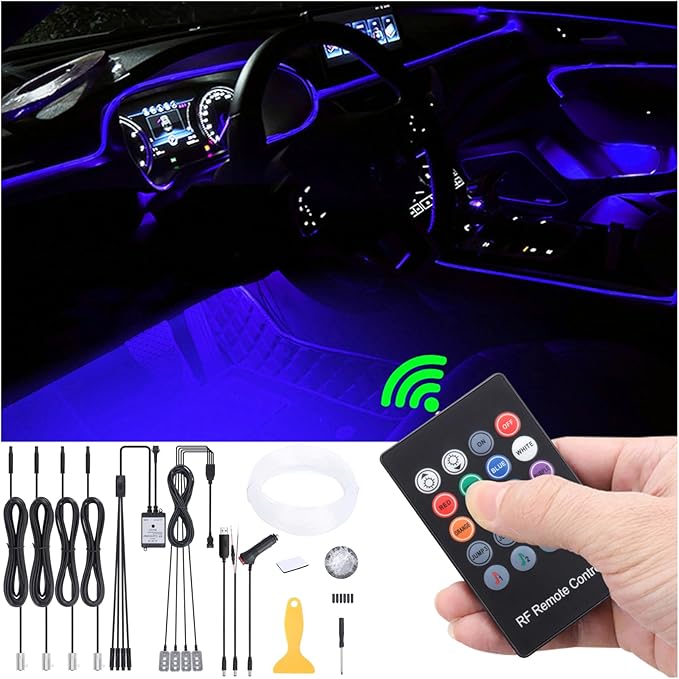 Car Ambient Lighting 64 Colors Multicoloured Music Optic Fiber RF Remote Controller Control Car DIY Decorative Atmosphere Lighting Kit DC 12V 1W 5m