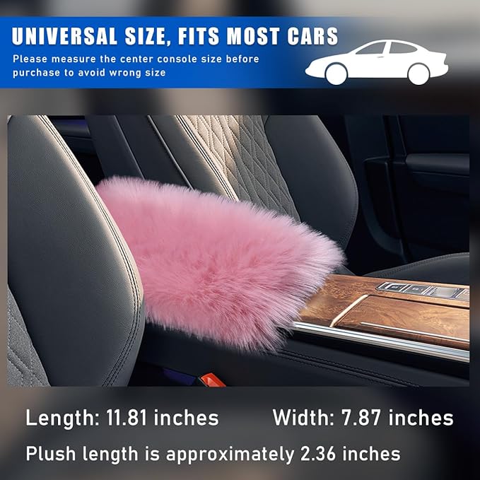 Furry Car Center Console Cover, 11.8"×7.9" Sheepskin Wool Armrest Box Cushion Pad, Comfort Soft Auto Center Console Protector, Interior Decor Accessories for Most Vehicles (Pink)