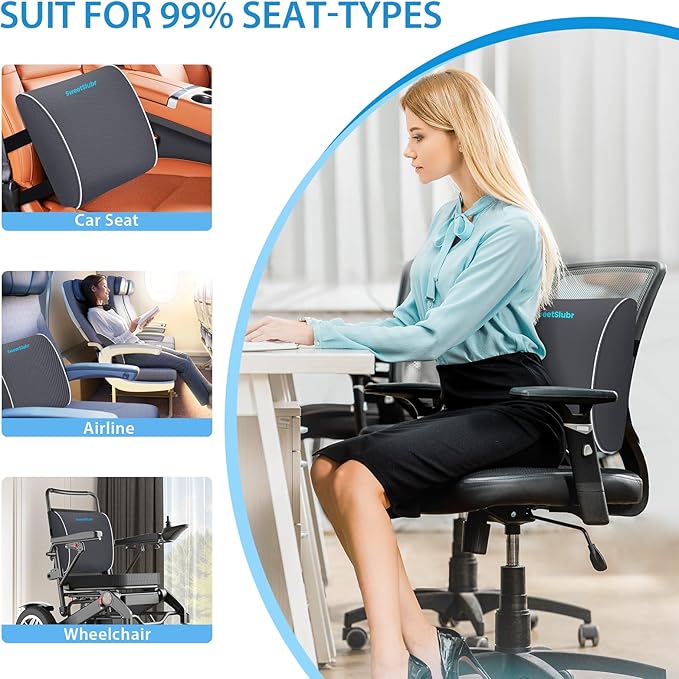 Large Lumbar Support Pillow for Office Chair, Car Seats and Home Desks, Ergonomic Back Support with Double Adjustable Straps, Machine Washable Cover, Grey
