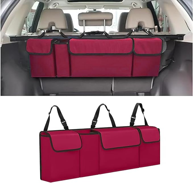 Car Trunk Organizer, Backseat Hanging Large Storage with Adjustable Straps,Waterproof PVC Collapsible Cargo Bag, Car Interior Accessories for Auto SUV MPV (Red)