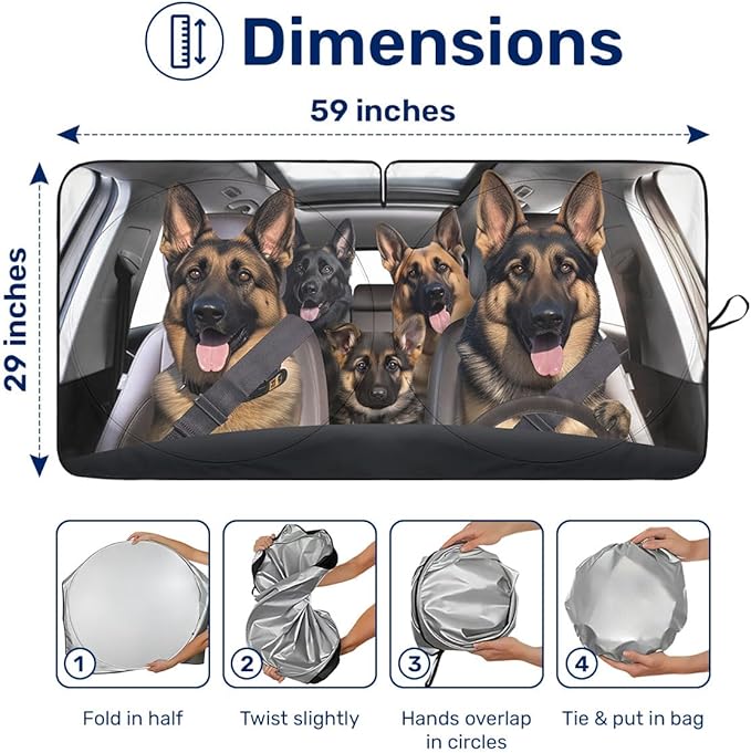 GENANY German Shepherd Dog Family Funny Windshield Sun Shade for Car SUV Truck (59x29 Inches), Shades for Front Windows, Sunshade for Car, Protector Blocks UV, Spring Auto Decor