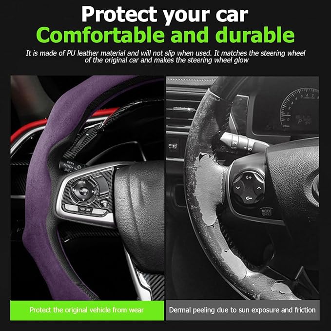 Mandark Car Steering Wheel Cover, Suede Sport Vehicle Steer Wheel Protector Fitting 15 Inch, Non-Slip Comfortable Automotive Interior Decoration Accessories, Universal for Most Cars (Purple)