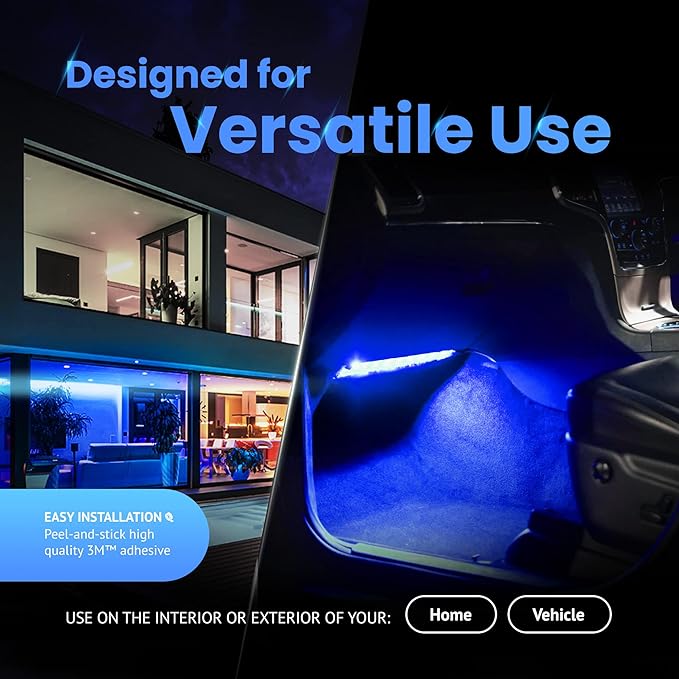 Alpena MAX LED Light Strip Starter Kit – EZ-Link Modular 12V Plug-and-Play Lighting for Cars & Trucks, Interior/Exterior Stick-On Light Bars, 2×12” Weatherproof Strips, Blue