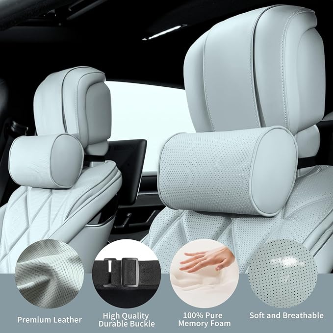 Car Headrest Pillow for Driving - Luxury Leather 100% Memory Foam, Ergonomic Neck Support - Universal Fit Head Rest Travel Pillow for Most Cars, Home & Office, Gray, 2 Pack