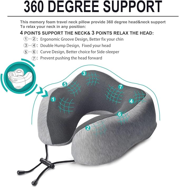 napfun Neck Pillow for Traveling, Upgraded Travel Neck Pillow for Airplane 100% Pure Memory Foam Travel Pillow for Flight Headrest Sleep, Portable Plane Accessories, Light Gray Kit