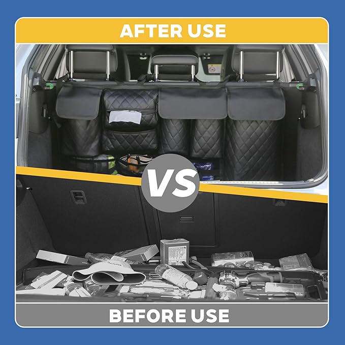 Backseat Hanging Organizer with Large Storage Bags | PU Leather, Large Capacity | Adjustable Straps, Waterproof & Collapsible | Universal Fit for SUVs, Sedans & Trucks | Black, 37.8" x 18.1" - P810