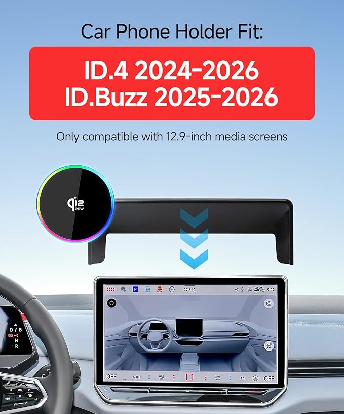 Qi2.2 Max 25W Fast Wireless Car Charger Phone Holder for Volkswagen ID.4 2024 2025 2026 / VW ID.Buzz 2025 2026 12.9-Inch Screen, Magnetic Phone Mount Compatible with MagSafe