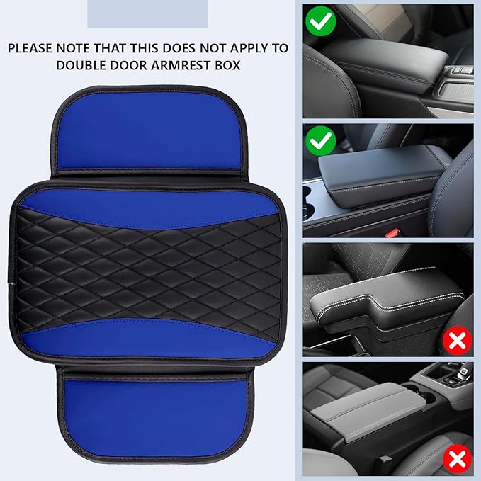 Leather Car Center Console Cover,Upgraded Center Console Cushion Pad with Side Pockets,Patchwork Arm Rest Cover for Car,Waterproof Armrest Seat Box Covers,Universal for Most Vehicles (Blue)