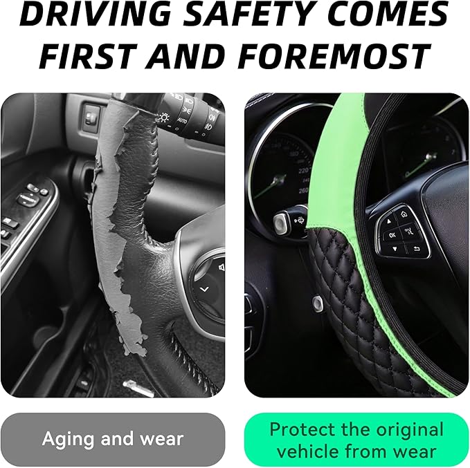 Bling Car Steering Wheel Cover, Diamond Leather Crystal Rhinestones Vehicles Steering Wheel Protector, Sparkling Anti-Slip Automotive Interior Decoration Accessories, Universal Fit (Green)