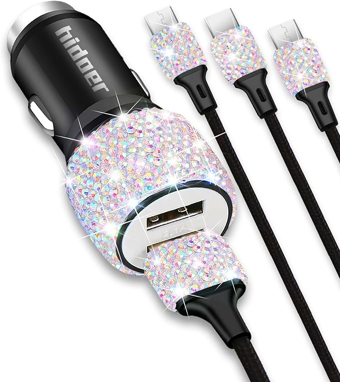 Bling USB Car Charger 5V 2.4A Multicolor Crystal Decor Dual Port Fast Adapter with 4ft Nylon Type C Micro USB 3 in 1 Multi Charging Cable for iPhone iPad Android, Auto Interior Accessories for Women