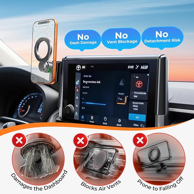 Car Phone Holder for Toyota RAV4 2025 2024 2023 2022 2021 2020 2019 7/8-Inch (Not for 9/10.5-Inch) 360° Rotation Magnetic Cell Phone Mount, Compatible with Magsafe, Does Not Affect Air Vent