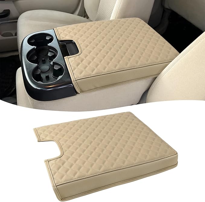 KBH Center Console Armrest Cover for 2007-2013 Chevy Silverado & Tahoe & Suburban, GMC Sierra & Yukon, Middle Console Lid Cushion, PU Leather, Anti-Scratch, Beige (Fits Jump Seat Console)