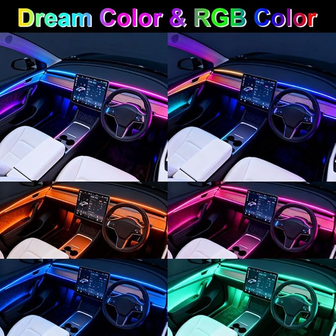 Acrylic Interior Car LED Lights with Remote and Wireless APP 6 in 1,Ambient Lighting Kits Fiber Optic Strip LEDs,16 Million Colors Music&DIY Function