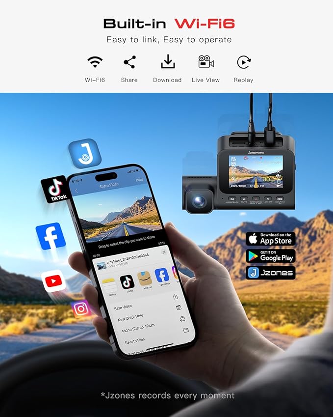 Jzones 4K 3-Channel Dash Cam Front and Rear with Cabin, STARVIS 2 Sensor, Dash Camera for Cars with WiFi 6, G-Sensor, Loop Recording, Night Vision, 24H Parking Mode, 64GB Card Included