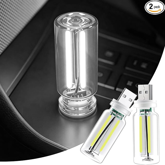 iFunyLED Car Interior USB LED Night Light, Portable Touch dimmable Car Ambient Lighting Kit, Retro Mini Transparent Glass Bottle Lamp Decorations for Vehicle Camping Bedroom Hallway, Pack of 2(White)