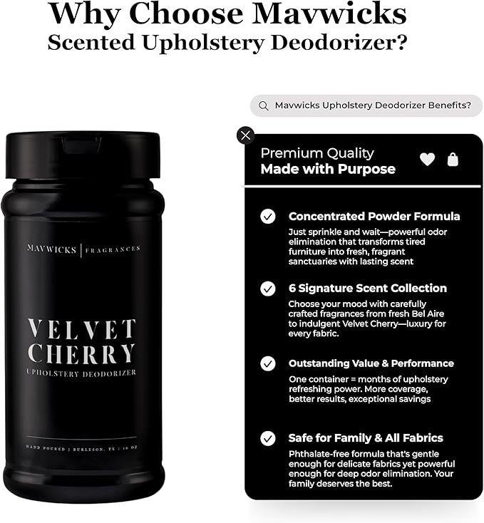 Mavwicks Fragrances - Upholstery Deodorizer (Velvet Cherry) 16 Oz - Rug, Couch & Carpet Deodorizer - Vacuuming Powder, Pet Safe Carpet Freshener Powder - Odor Eliminator for Home