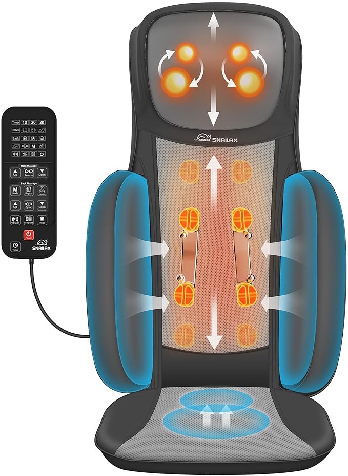 Snailax Shiatsu Neck and Back Massager with Heat, Adjustable-Height Neck Massager Rollers Massage Chiar Pad with Vibration, Chair Seat Massager for Home, Office, Gifts for Men, Women
