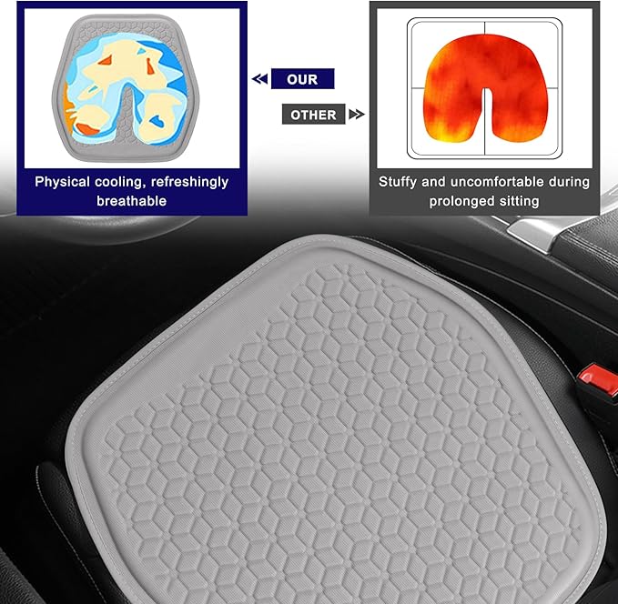 Gel Car Seat Cushion, Non-Slip Breathable Automotive Front Seat Bottom Cushion Pad, Comfortable & Cooling Seats Cover Interior Mat for Sedans SUVs Trucks, Car Accessories (Gray)