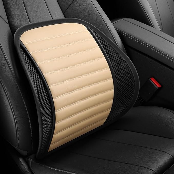 Leather Lumbar Support Seat Cushion with Mesh Breathable Car Seat for Lower Back Pain, Ergonomic Backrest for Office Chairs Car(Beige)