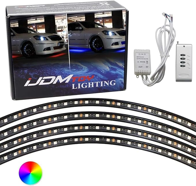 iJDMTOY Universal Fit 4pc Set 7-Color RGB Color Changing LED Under Car Glowing Accent Lighting Kit w/Adjustable Setting