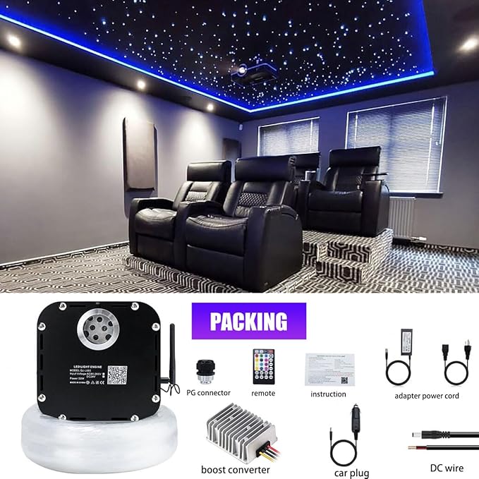 AZIMOM High Brightness 50W 800pcs Twinkle Fiber Optic Starlight Kits End Glow 0.03in 13.1ft Fiber Strands Sound Activated Bluetooth/APP Remote Control Car Headliner Theater Ceiling Home Lobby