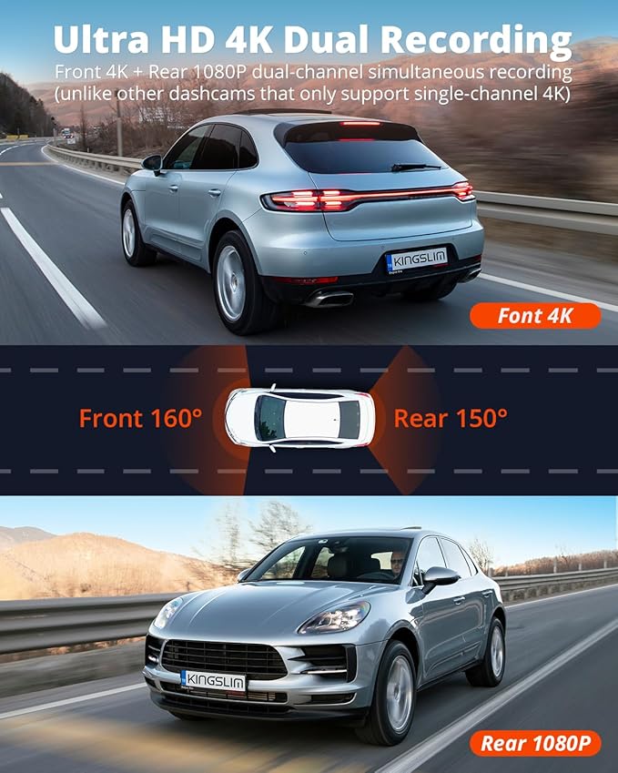 Kingslim E4 4K Dash Cam Front and Rear, WiFi Front 4K Rear 1080P Dual Dash Camera for Cars, Mini Dashcam with APP Control, Night Vision, Parking Mode