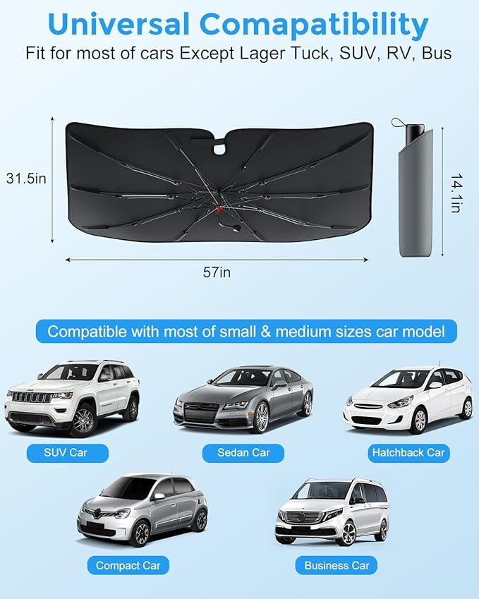 DMJN Umbrella Windshield Sun Shade - Medium, Car Sunshade for Front Windshield [Nano Ice-Crystal Coatings] UPF50+ Heat & UV Block, Protect Interior & Keep Cooler Universal for Car, SUV, Truck