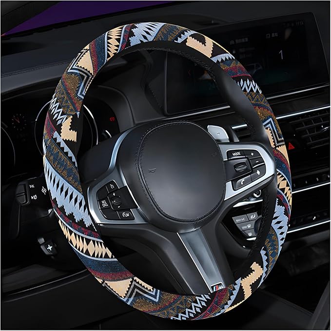 Boho Steering Wheel Cover, 15.0"×15.0" Anti-Slip Baja Blanket Ethnic Steering Wheel Protector, Breathable Flax Cloth Elastic Bohemian Steering Wheel Cover, Car Accessories (Style H)