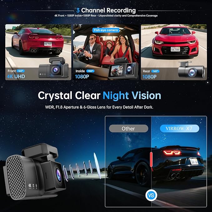 3 Channel Dash Cam: 4K+1080P+1080P-Dash Cam Front and Rear Inside with Free 64GB Card & 5GHz WiFi - Dash Camera for Cars with IR Night Vision APP Control Parking Mode G-Sensor Loop Recording(X7)