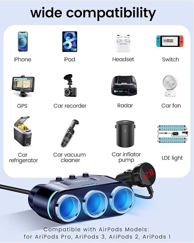 YANTU QC3.0&PD 40W Cigarette Lighter Adapter, 3-Socket 140W Cigarette Lighter Splitter with 12v USB Outlet,Car Charger Adapter with Double/Dual/USB C Charger Multi Port/Plug Outlet for Car Devices
