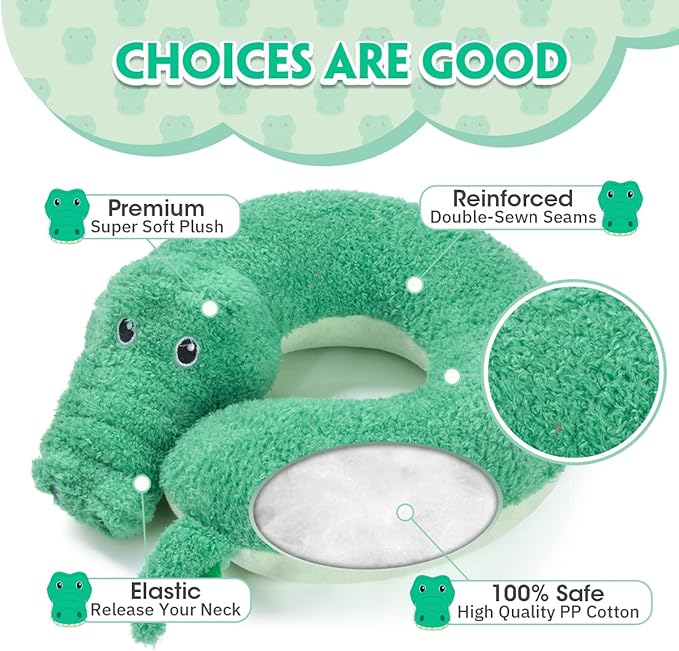 H HOMEWINS Travel Pillow for Kids,Cute Animal Neck Pillow for Boys Girls,Soft Neck Head Chin Support Pillow,Travel Accessories for Airplane, Car, Train,Recline (Crocodile)