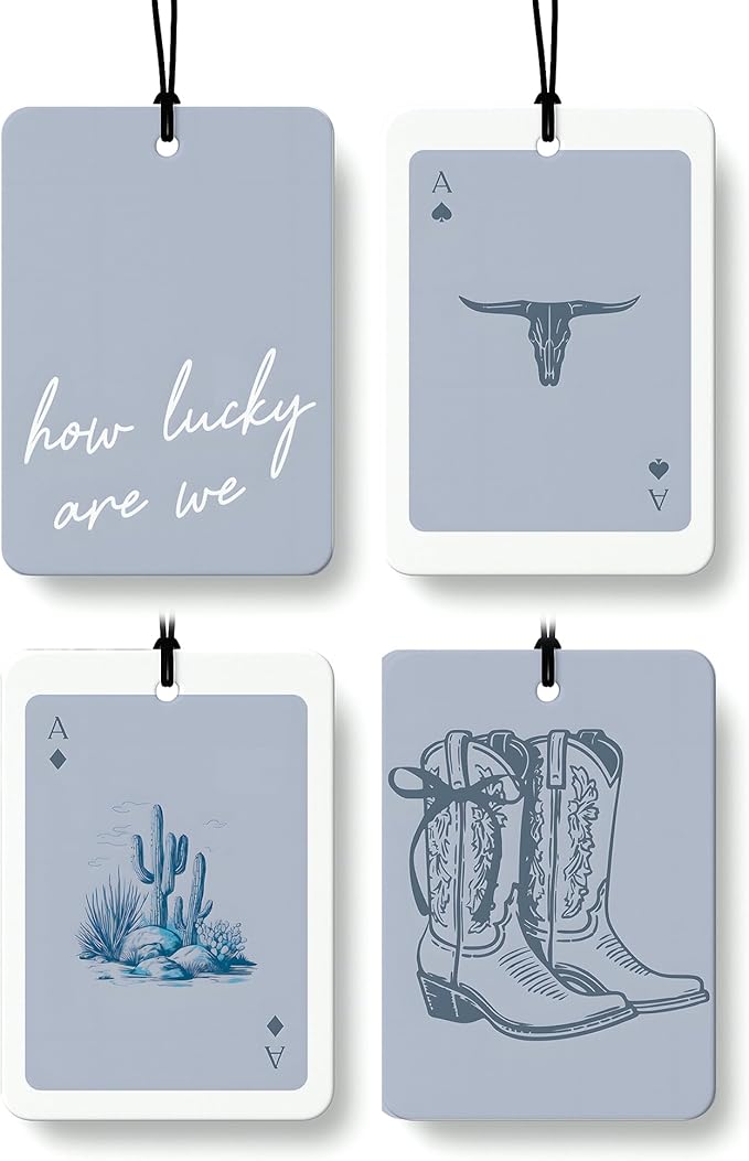 Boho Blue Western Car Air Freshener 4 Pcs, Preppy Cowgirl Cow Skull Cactus Ace Card Hanging Air Freshener for Cars Closet Drawer Books, Cute Western Car Accessories Mirror Decor for Women