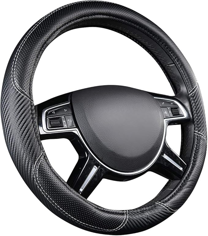 CAR-GRAND Carbon Fiber Steering Wheel Cover, Premium Breathable Leather Sporty Wheel Protection Interior Accessories Standard Size[14" 1/2-15"] Unviersal Fit for Truck SUV Sedans Vans, Black Leather