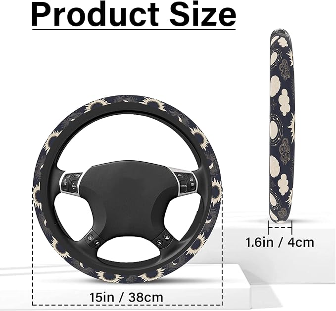 Sun Moon Steering Wheel Cover, Cute Print Elastic Steering Wheel Cover Protector, Ultra-Thin Skin-Friendly and Breathable, Car Accessories for Men, for Steering Wheel with a Diameter of 14.5"-15"