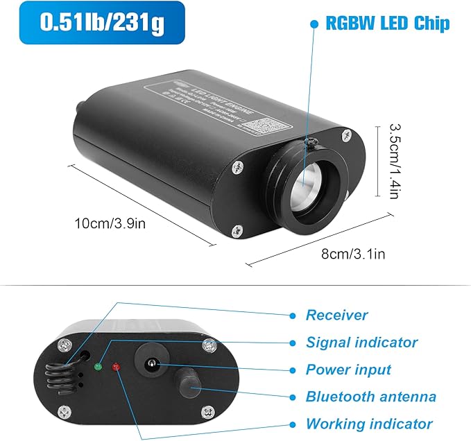 CHINLY 16W 650pcs 0.03in 13.1ft Fiber Optic Lights Star Ceiling Headliner Light Kit, APP Car Use Bluetooth RGBW LED, Remote Music Mode Optical Fiber+Adapter+Cigarette Lighter for Car/Home Theater
