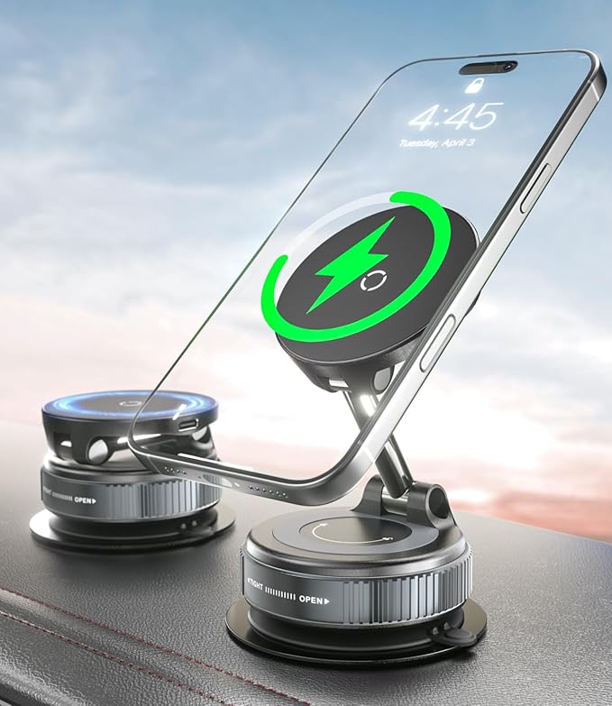 CloudValley 15W Fast Wireless Charger Car Phone Mount, Vacuum Suction Cup Magnetic Phone Holder Design for MagSafe iPhone 17/16/15/14/13/12, 360° Adjustable & Foldable Stand for Dashboard/Windshield