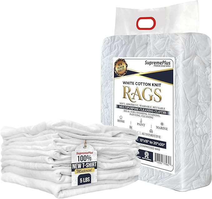 Premium New White Cotton Knit T-Shirt Rags (5 lbs. Bag of Rags) - Lint-Free, Soft & Absorbent Cleaning Cloths for Auto, Paint, Garage, Staining & Polishing