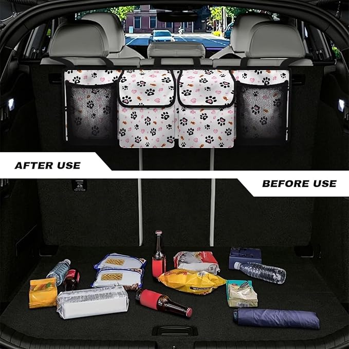 Cat Paw Prints Car Trunk Organizer Bag, Foldable Car Back Seat Storage Bag with 4 Pockets Car Interior Accessories for SUV MPV Sedans Pickup Jeep Trucks
