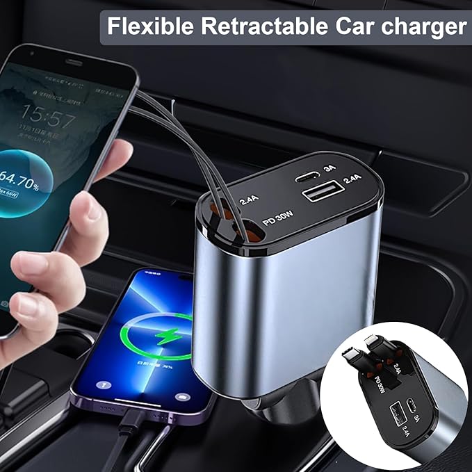 Retractable car Charger USB C, 4 in 1 Fast Car Phone Charger 120W, USBC and Lightening Car Adapter, iPhone 16 pro car Charger, Compatible with iPhone 16/15/14/13/12/11- Pro Max, Galaxy, Pixel