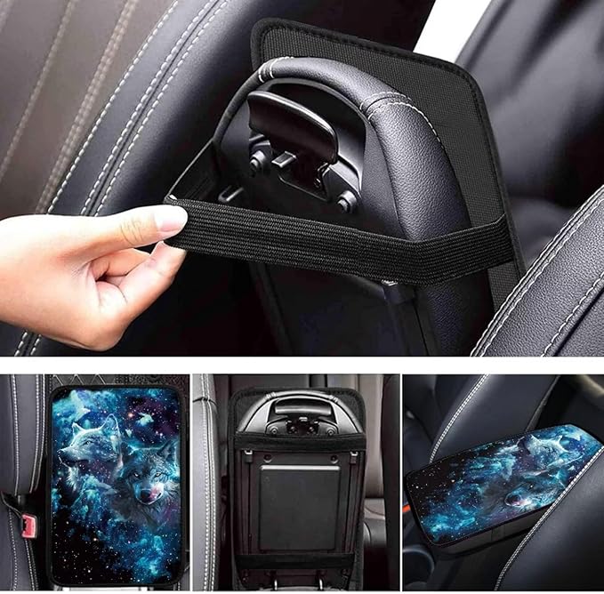 Blue Galaxy Wolf Print Center Console Cover for Men,Fashion Armrest Cover Pad for Cars SUV Sedan