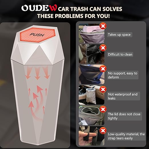 Car Trash Can with Lid - 1-Pack, Interior Accessories for Vehicles, Leakproof Garbage Can with 15 Detachable Trash Bags, Multipurpose Organizers and Storage Solutions for Home and Office (Beige)