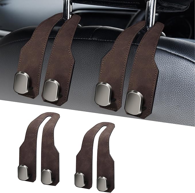 Car Seat Headrest Hooks for Purses and Bags, 2 Pack Bag Purse Holder for Car With Double Metal Hooks, Car Purse Hanger, Headrest Back Seat Handbags Hook Cute Hanging Accessories, Brown