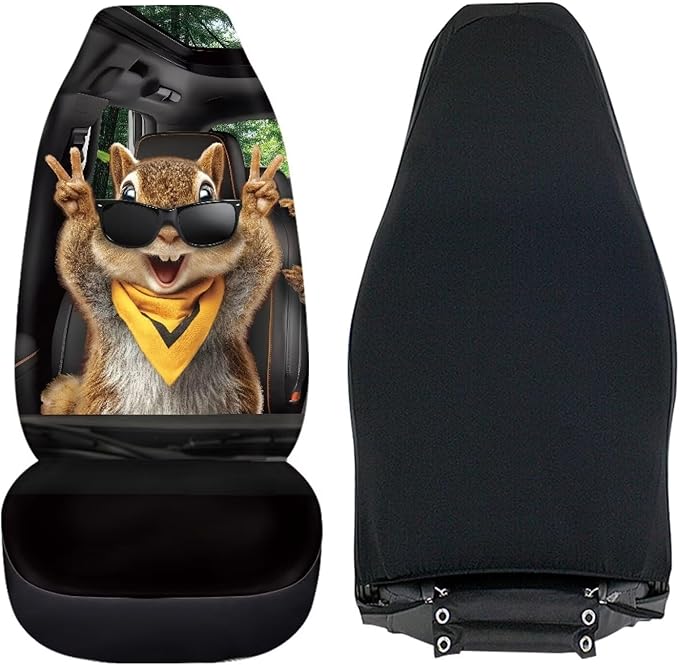 Funny Front Seat Covers for Cars Happy Squirrel All Weather Bucket Seat Covers Scratchproof Automotive Seat Cushion Covers for SUV,Vans,Sedans,Trucks