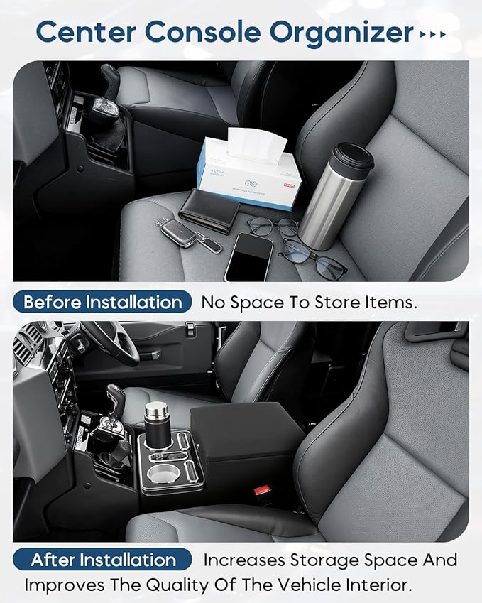 Upgraded Center Console with Lock, Truck Bench Front Seats Center Console Organizer and Storage, Cup & Phone Holder for Minivan, SUV, Middle Van, Fast Phone Charging & 7-Color Adjustable LED Lighting