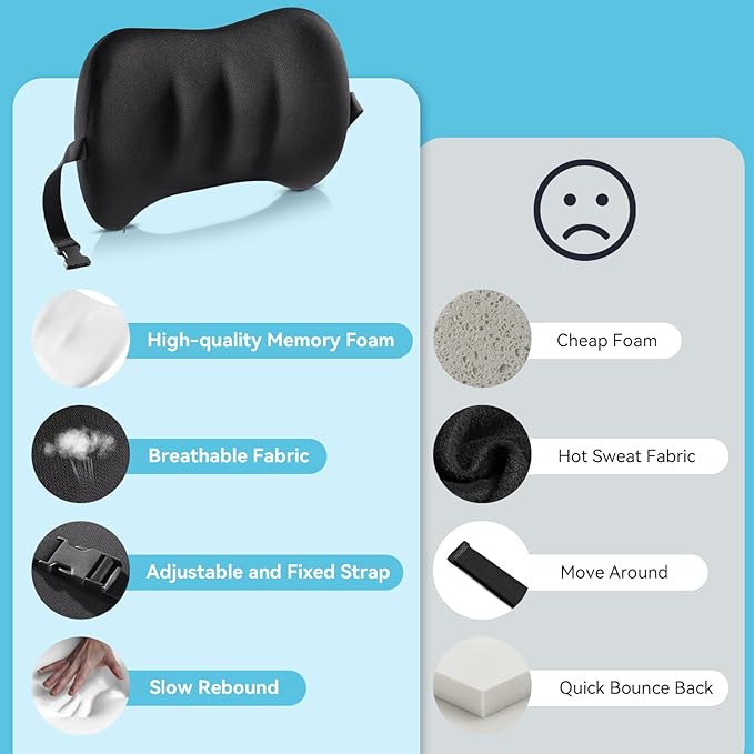 Lumbar Support Pillow for Car Seat and Office Chair, Memory Foam Back Cushion with Breathable Cover and Adjustable Straps for Driving, Ergonomic Orthopedic Back Rest Lower Back Support, Black