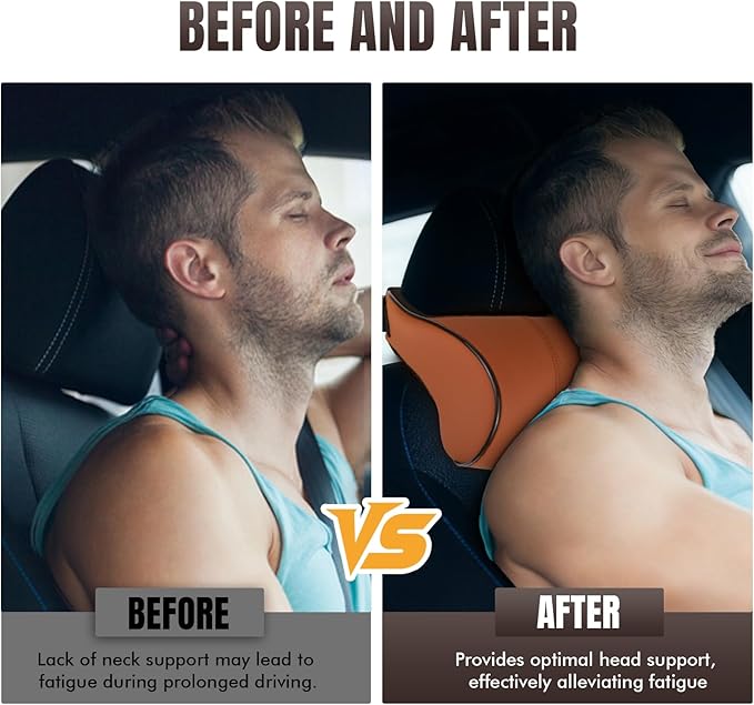 Car Neck Pillow with Memory Foam, Soft Comfortable Headrest Pillow for Driving, Ergonomic Design, Auto Seat Neck Support Pillows Head Rest Cushion with Breathable Leather Cover (Brown)