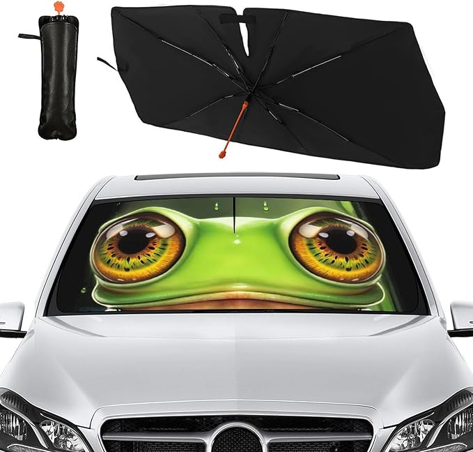 Socira Funny Frog Car Windshield Sunshade Umbrella Foldable Frog Eye Umbrella Sun Shade Windshield Cover Sunshade Frog Car Accessories Blocks Uv Rays Keeps Cool (57" X 30")