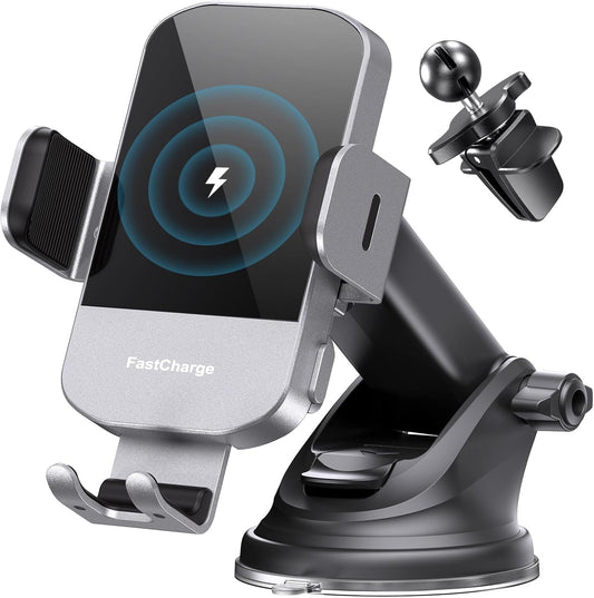 CHGeek Wireless Car Charger, 15W Fast Charging Auto Clamping Car Charger Phone Mount Phone Holder fit for iPhone 15 14 13 12 11 Pro Max Xs, Samsung Galaxy S25 Ultra S24 S23 S22, S21, S20, Silvery